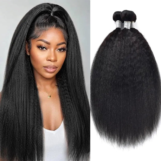 Aoma Human Hair Bundles 18 20 22 Inch Kinky Straight Human Hair Bundles Yaki Straight Bundles Human Hair 12A 100% Unprocessed Brazilian Virgin Human Hair 3 Bundles Human Hair Extensions Natural Color