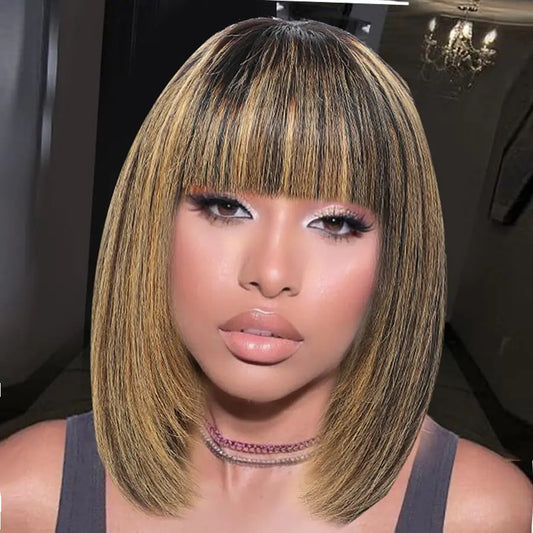 8-Inch Glueless Human Hair Bob Wig with Bangs – B/27 Highlight for Black Women