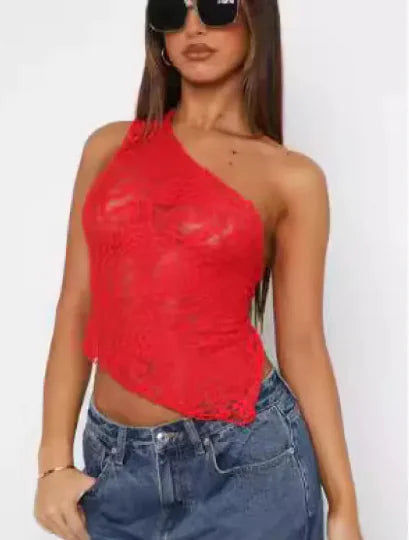 LaceVibe™ Asymmetrical Tank – Black Elegance