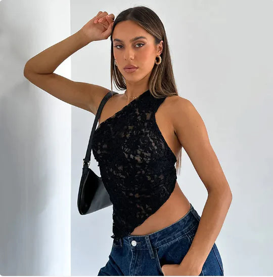 LaceVibe™ Asymmetrical Tank – Black Elegance