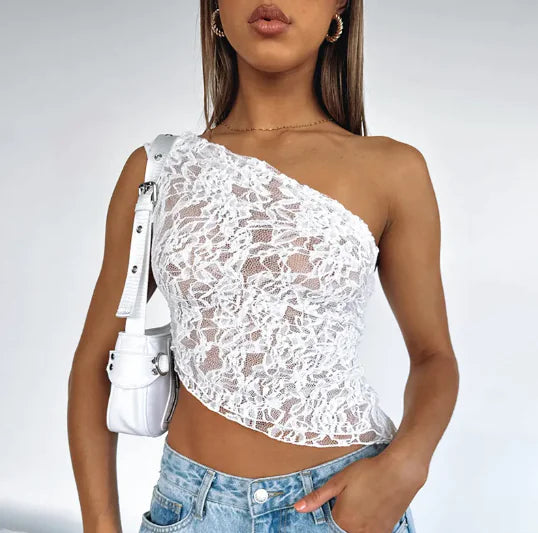 LaceVibe™ Asymmetrical Tank – Black Elegance
