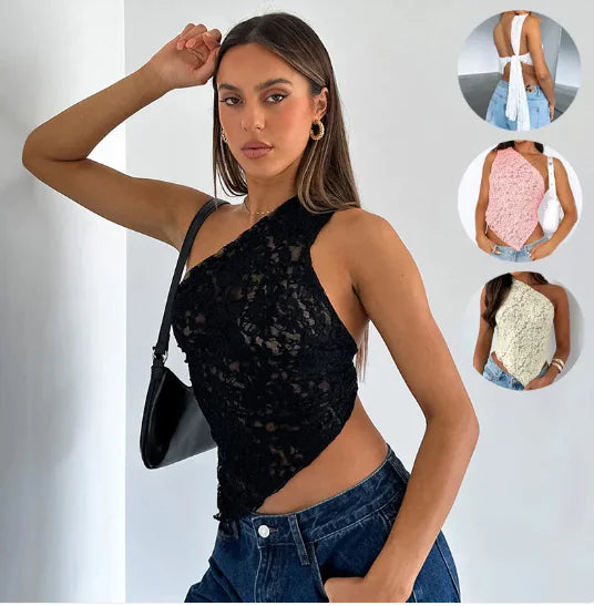 LaceVibe™ Asymmetrical Tank – Black Elegance