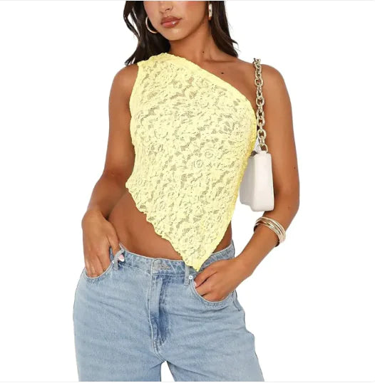 LaceVibe™ Asymmetrical Tank – Black Elegance